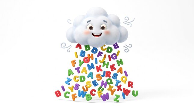 Cute cartoon cloud raining colorful alphabet letters for education and learning concepts