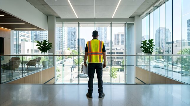 Inspector verifying window cleanliness during precision post-construction facility handover in a modern commercial building, ensuring high-quality cleaning standards before site delivery.