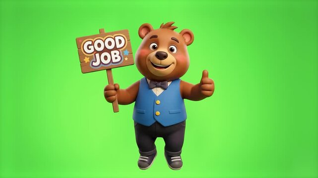 A cheerful 3D cartoon bear character dressed in a sharp vest holding a "Good Job" wooden board and gesturing approval with a thumbs-up, isolated on a gradient green studio backdrop. Great for educatio