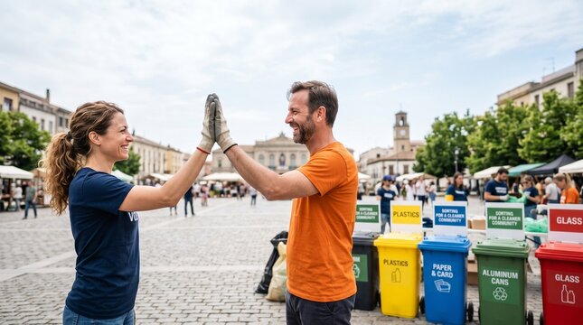 Volunteers celebrating successful community recycling event high five amidst colorful bins and bustling town square