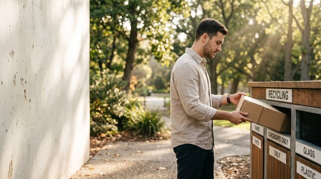 Man discards cardboard box into recycling bin promoting environmental responsibility on America Recycles Day