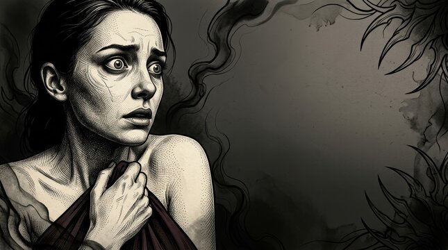 Horror blackwork tattoo banner with terrified woman portrait and large copy space.