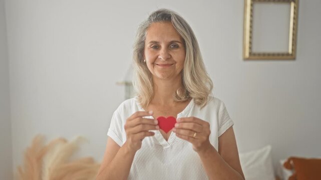 Woman holding red paper heart with both hands in bedroom, smiling at camera with wedding ring visible and soft natural light, cozy bed and neutral decor; warmth kindness.