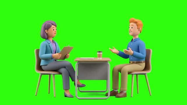 A 3D cartoon female HR recruiter holding a clipboard and interviewing a male job candidate across a desk, isolated on a solid green chroma key background. Ideal for recruitment agency ads, career guid