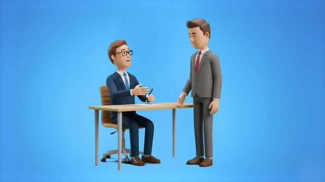 A professional 3D cartoon hiring manager sitting behind a desk interviewing a candidate standing opposite him in a suit, set against a solid blue studio backdrop. Designed for recruitment platform com