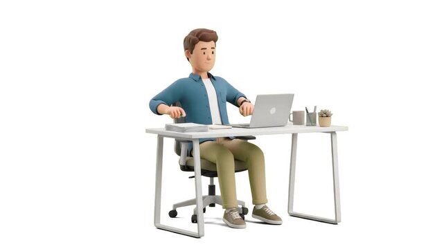 A 3D cartoon man sitting comfortably in an office chair at his white desk while typing on a laptop, isolated on a clean white background. Great for freelance work tutorials, modern office promos, remo