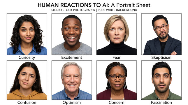 Diverse group of people expressing different emotional facial reactions and feelings in studio portraits