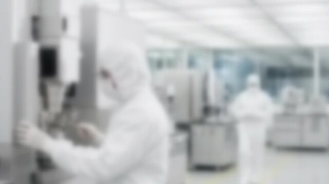 Operators in white cleanroom suits at a bright semiconductor fab, Full Gaussian Blur Abstract