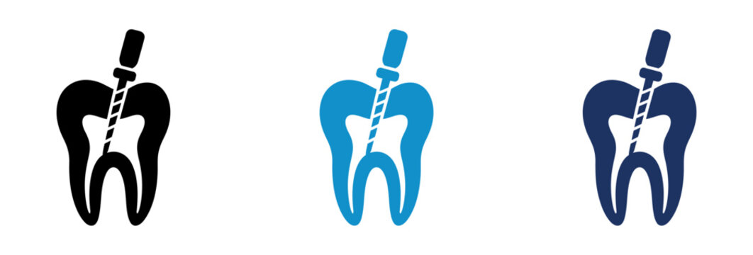 Dental root canal treatment icon set showing tooth procedure in black and blue colors.