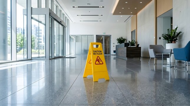 Yellow caution wet floor sign in a bright modern office lobby after professional post-construction cleaning and facility handover maintenance service.
