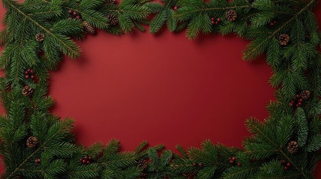 Festive christmas background with a red center framed by lush green pine branches for holiday season greeting cards