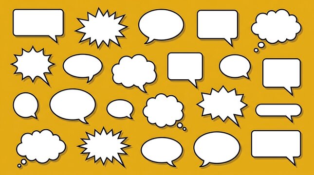 An assortment of varied retro comic book style speech bubbles and thought balloons displayed against a bright cheerful yellow colored backdrop