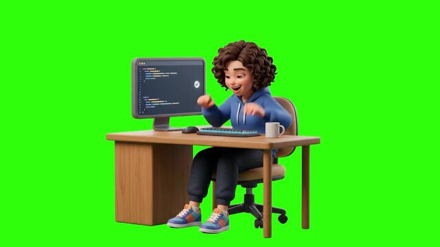 A cheerful 3D cartoon woman with curly hair excitedly typing code on a desktop computer at her wooden desk, isolated on a solid green chroma key background. Excellent for software engineering promos, 