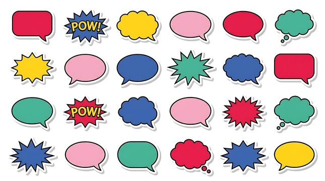 A vibrant assortment of retro comic book style speech bubbles and dynamic explosion graphics isolated on white perfect for various creative design