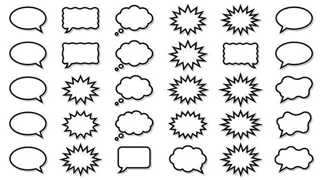 Collection of various black and white speech bubbles and thought balloons in different shapes and sizes on a white background