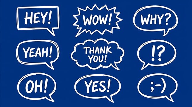 A creatively designed collection of hand drawn speech bubbles featuring frequently used expressions and phrases set against a bright vibrant blue backdrop
