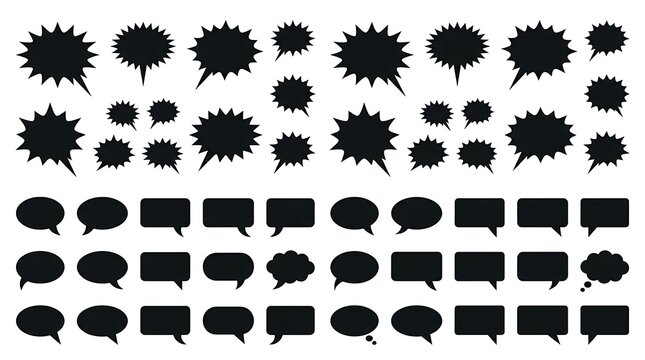 An extensive collection of distressed black spray paint splatters and textured grungy speech bubbles isolated on white perfect for various design projects