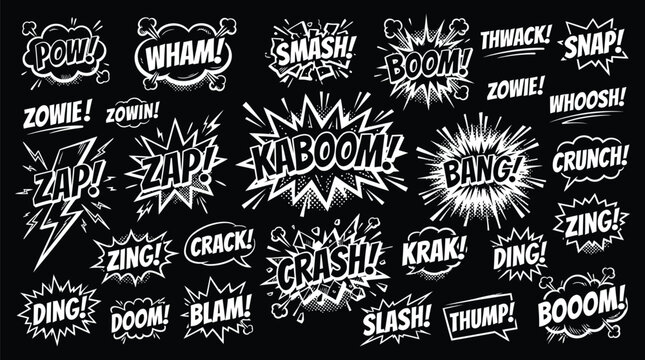 Monochrome comic book explosion clouds and action speech bubbles with dynamic texts.