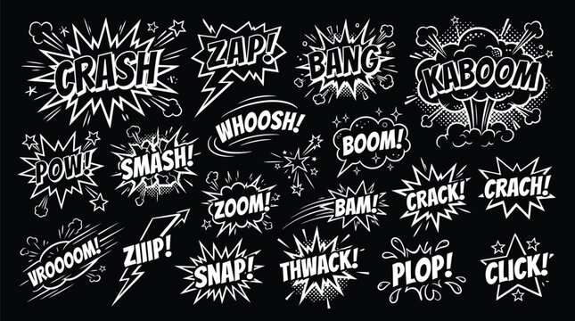 Comic book speech bubbles with sound effects on black background for dynamic design layouts.