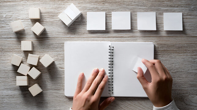 entrepreneur planning business strategy using blank sticky notes, wooden blocks and notebook on a large desk, top down view, minimalist creative office environment