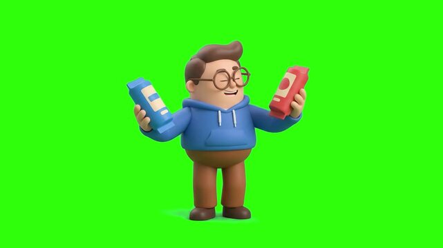 A friendly 3D cartoon man wearing glasses and a blue hoodie holding up two different product bottles to compare them, isolated on a solid green chroma key background. Great for product comparison ads,