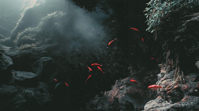Red fish swim through a dark underwater scene with soft light and aquatic plants.