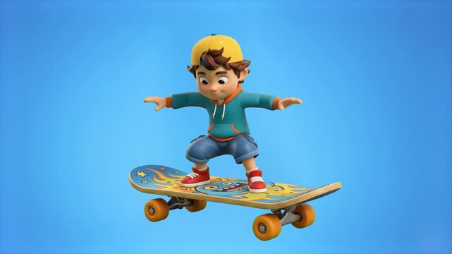 A stylish 3D cartoon boy in a backwards cap balancing gracefully on a decorated skateboard with arms open, isolated on a clean light blue studio backdrop. Ideal for kids' channel intros, mobile game p