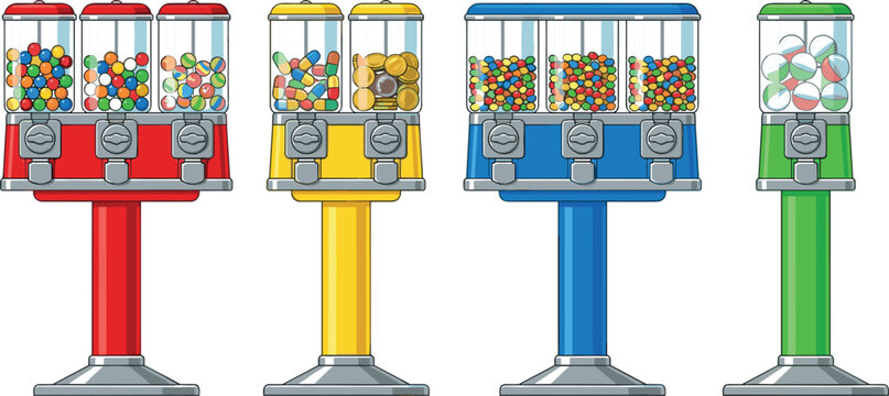 Commercial Gumball Machine Stand Collection Featuring Triple Double and Single Bulk Vending Dispensers with Colorful Candy Capsules for Arcade Designs