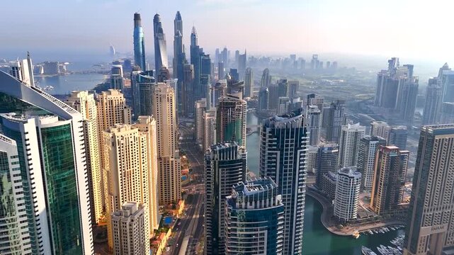 Aerial panoramic view of Dubai Marina skyline and skyscrapers, UAE