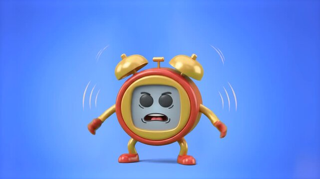 A vibrant 3D cartoon alarm clock character shaking and ringing angrily with loud vibrations, set against a solid blue backdrop. Ideal for wake-up alarm app advertisements, daily routine tutorials, pro