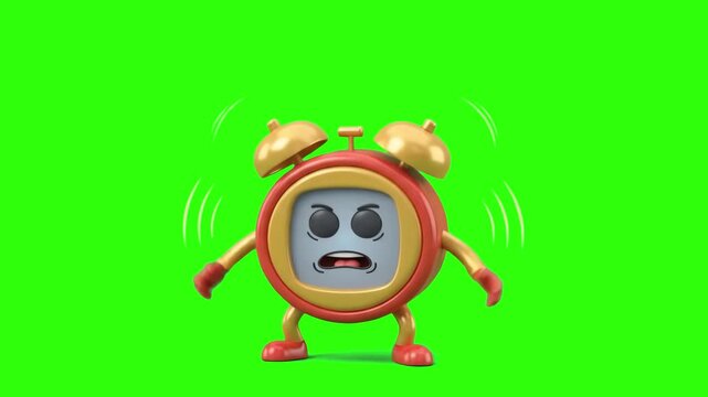 A cute 3D cartoon alarm clock character with an angry expression ringing vigorously, isolated on a chroma key green screen background. Great for early morning routine videos, wake up reminders, countd