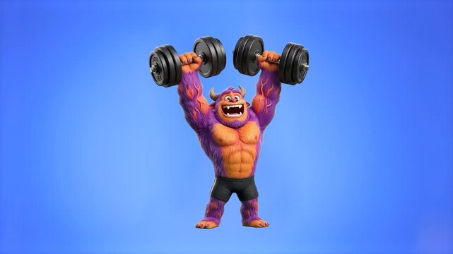 A strong 3D purple monster character proudly holding up two heavy dumbbells above its head in a victory pose, set against a bright blue studio backdrop. Perfect for fitness marketing campaigns, gym br