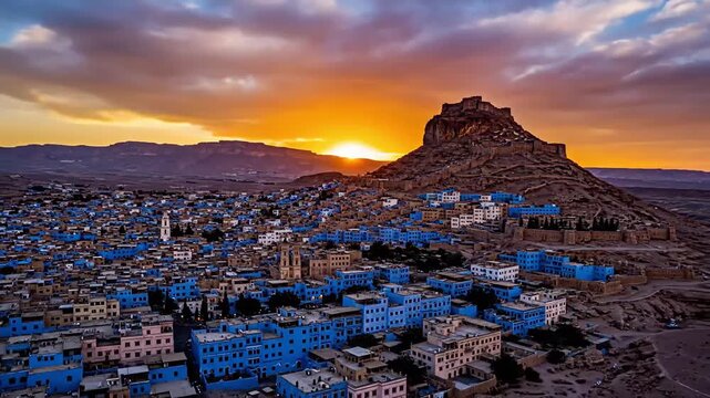 Time lapse of sunset over an ancient hillside blue city with a hilltop fortress