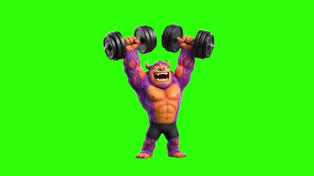 A powerful 3D muscular purple monster with horns triumphantly lifting two heavy dumbbells overhead, isolated on a chroma key green screen background. Ideal for gym promotions, fitness app commercials,