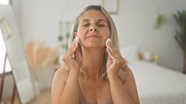 Woman dabbing cotton pads on face and neck in bedroom with mirror, bed and pampas grass visible; calm self care routine.