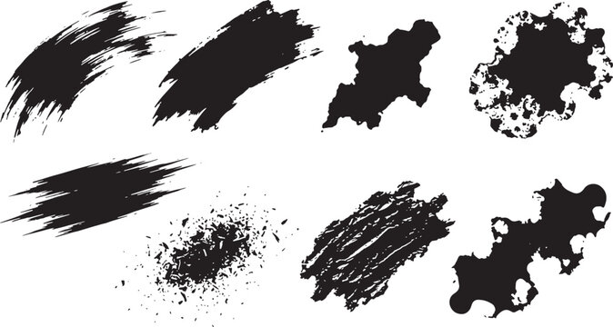 Set of eight black ink brush strokes and artistic paint textures
