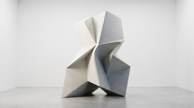 Minimalist geometric sculpture of abstract folded paper or cardboard forming a dynamic seated figure