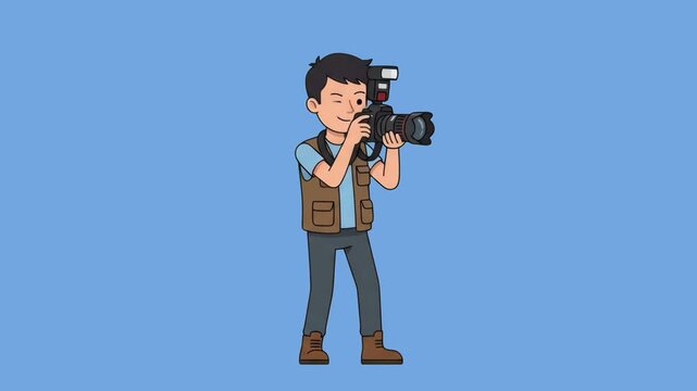 A 2D cartoon photographer aiming a DSLR camera with a flash attachment, taking pictures while isolated on a solid blue background. Great for photography tutorials, media production intros, portfolio p