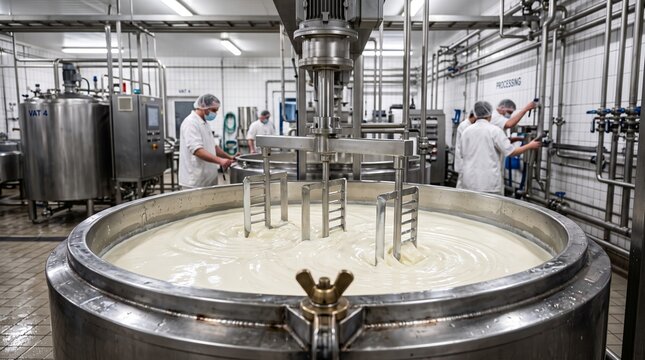 Industrial dairy processing plant interior featuring workers in white uniforms and protective masks operating large stainless steel vats filled with cream or cheese production