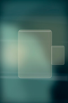 Two translucent UI shapes, a large card and small button, float over a soft teal blur, perfect for product mockups, loading screens, and calm tech design.