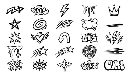 Fototapeta premium Set of hand-drawn graffiti elements, vector street art doodles, arrows, crowns, stars, and abstract symbols