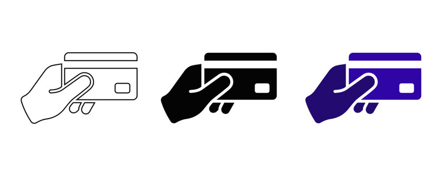 Set of three credit card payment icons showing a hand holding a card in outline solid and blue styles