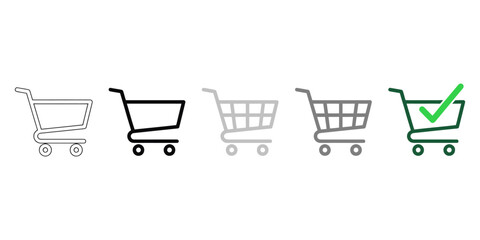 A set of five hand drawn shopping cart icons showing different styles and a green check mark © MDFOYSAL