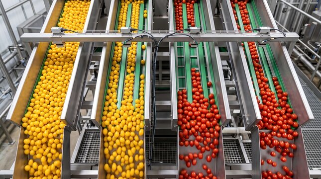 Industrial sorting machine processing fresh yellow and red cherry tomatoes moving along multiple conveyor belts inside a modern food processing plant facility interior production