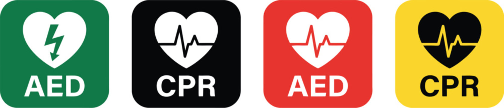 AED CPR icon set vector automated external defibrillator first aid medical emergency symbol square badge