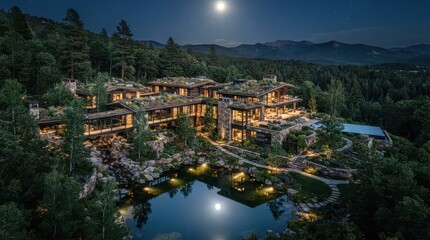 Fototapeta premium Large forest residence beside a landscaped pond with mountains under moonlight
