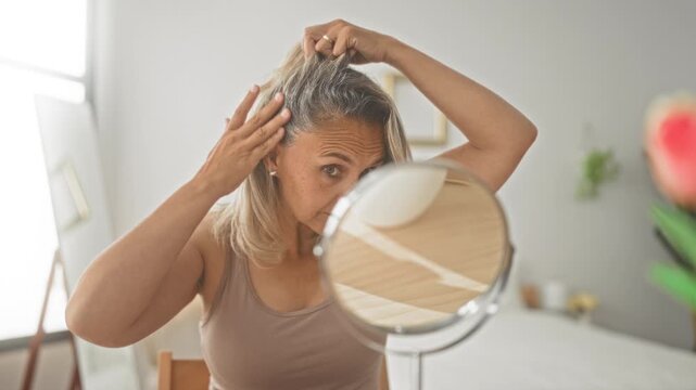 Woman middle aged blonde pulls back hair and inspects scalp in a vanity mirror on bedroom dresser in studio; concern.