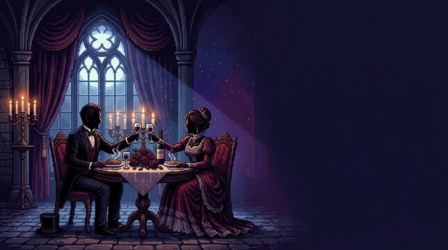 16-Bit Pixel Art Gothic Romance Hero Banner with Victorian Couple Dining by Candlelight in a Moonlit Castle Featuring Large Copy Space for Commercial Messaging
