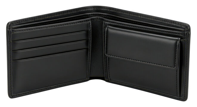 Open black leather bifold wallet with card slots and coin pocket