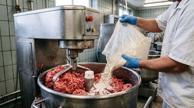 A butcher wearing blue protective gloves pours seasoning spices from a clear plastic bag into a large industrial meat grinder filled with minced beef inside a commercial kitchen